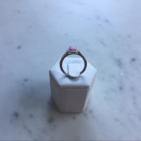 Sterling Pink Lab Opal and Clear CZ Oval Halo Ring - Picture 12 of 16